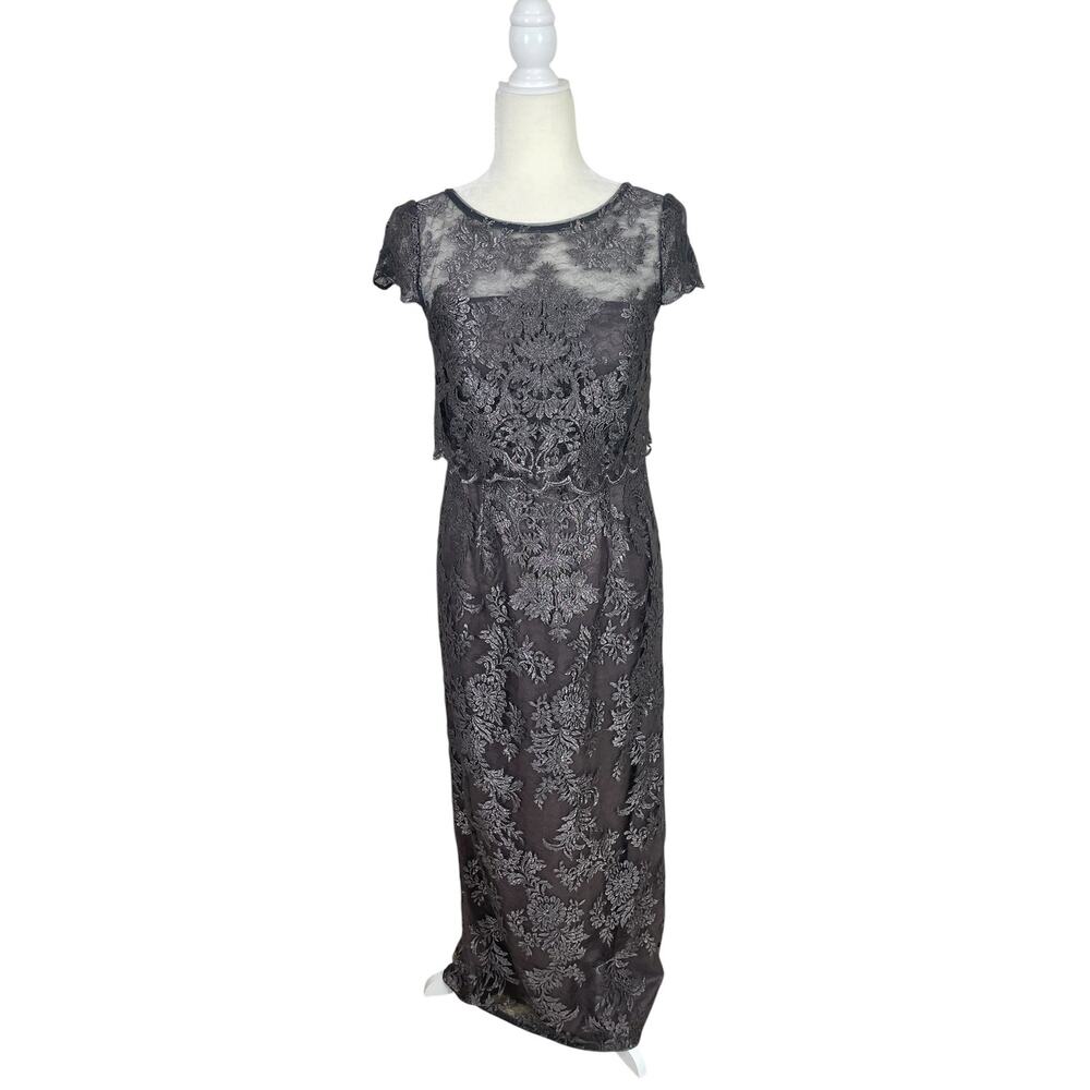 Adrianna Papell Metallic Floral Lace Overlay Full Length Gown 4 Elegant Hemmed